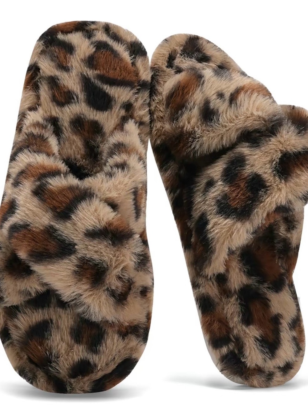 Plush Leopard Print Slide Slippers - Brown